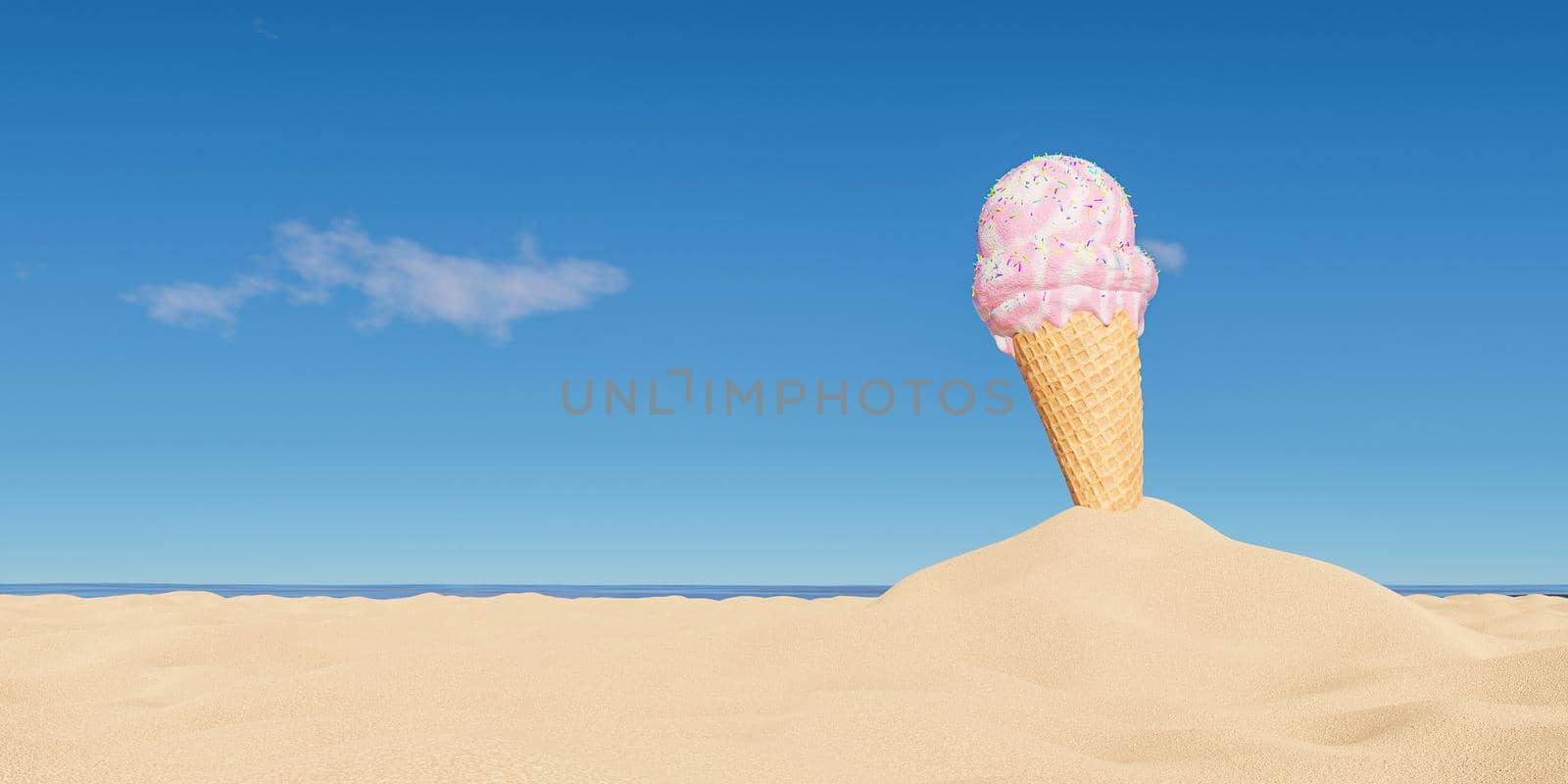 strawberry ice cream cone on beach sand with the sea in the background and space for text. summer time. 3d render