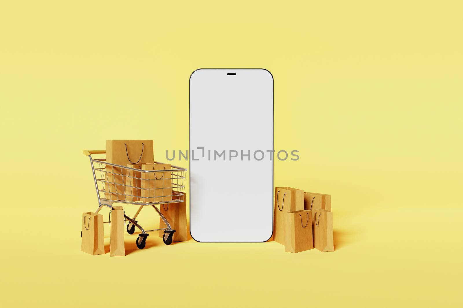 mockup of modern mobile phone with shopping cart and cardboard bags. online store by asolano