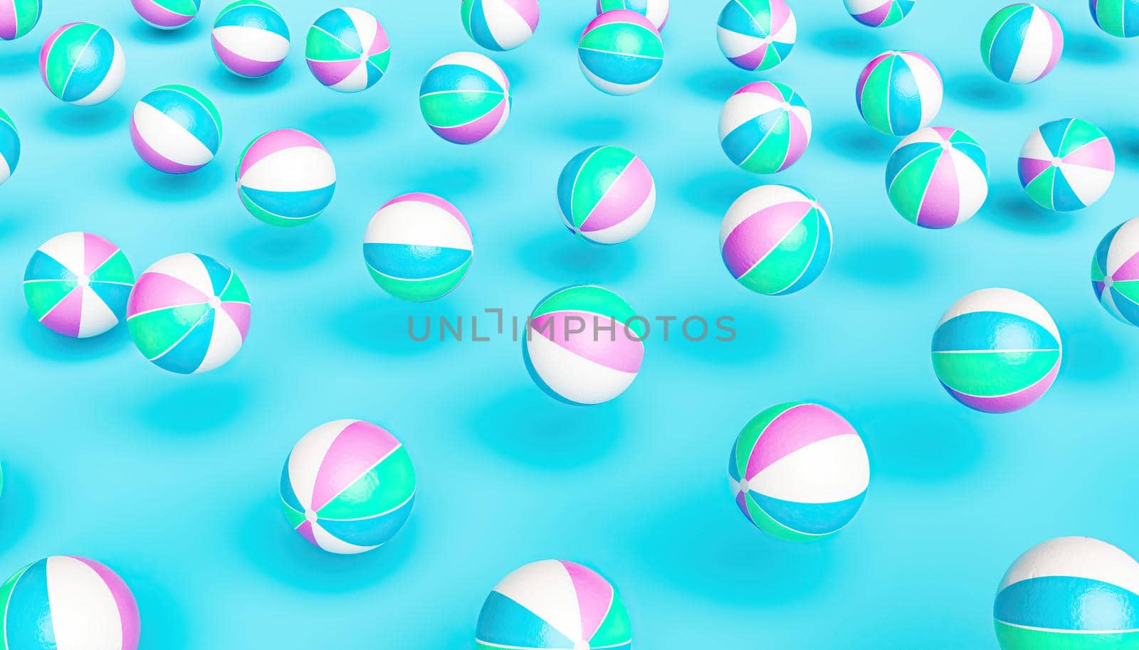 fun pattern of pastel colored beach balls floating in the air. summer concept. 3d render