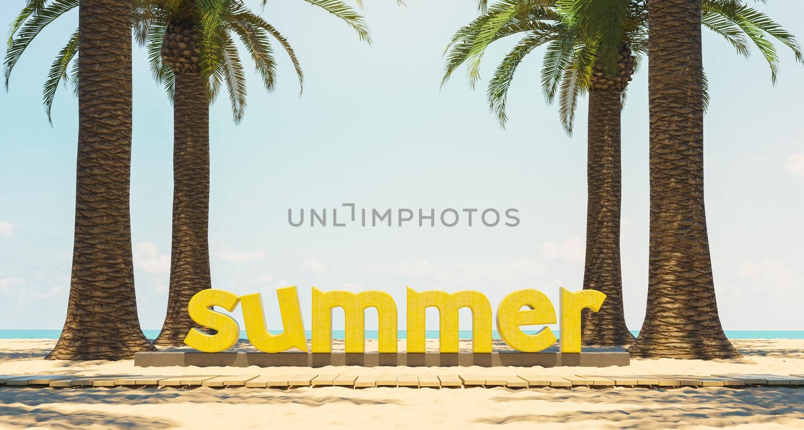SUMMER sign on beach sand with palm trees on the sides and wooden path with the sea in the background. 3d render