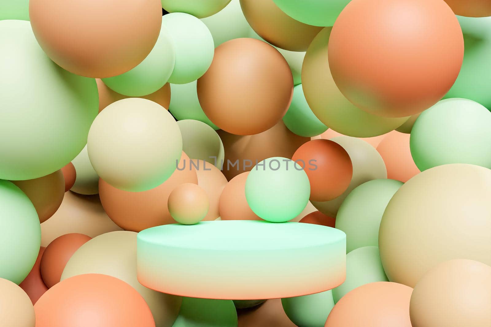 cylinder for product presentation surrounded by spheres of gradient color. abstract scene. 3d render