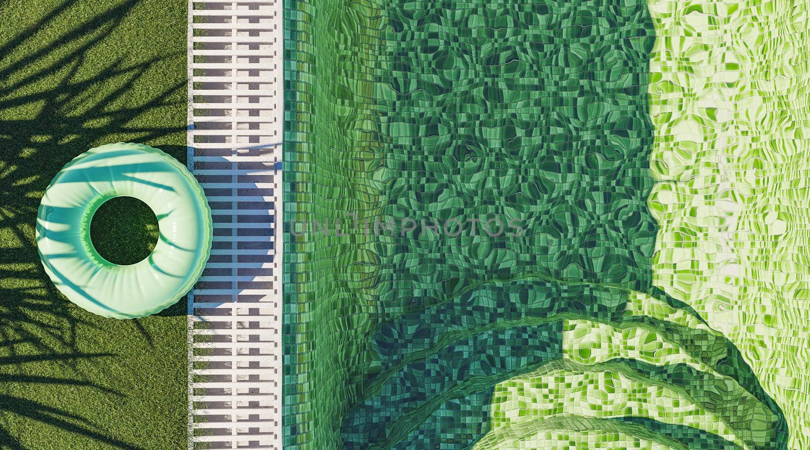 green tiled pool edge with grass and ring float over it with palm leaves shade. summer background. 3d render