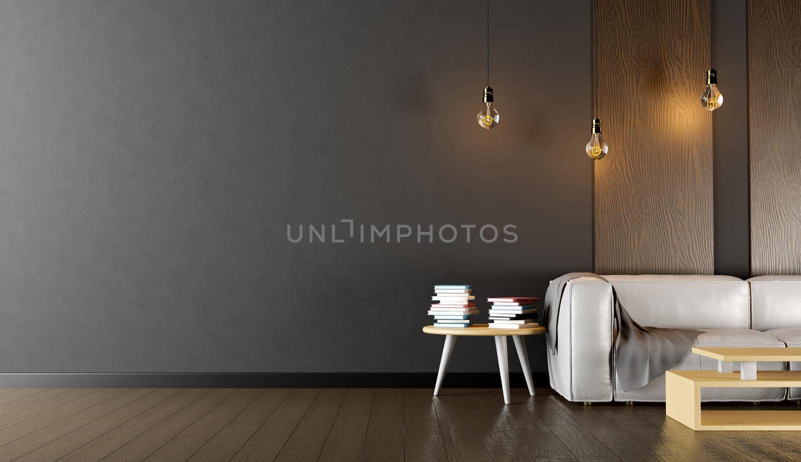 dark interior with empty living room wall with sofa and table with books on it illuminated by light bulbs. 3d render