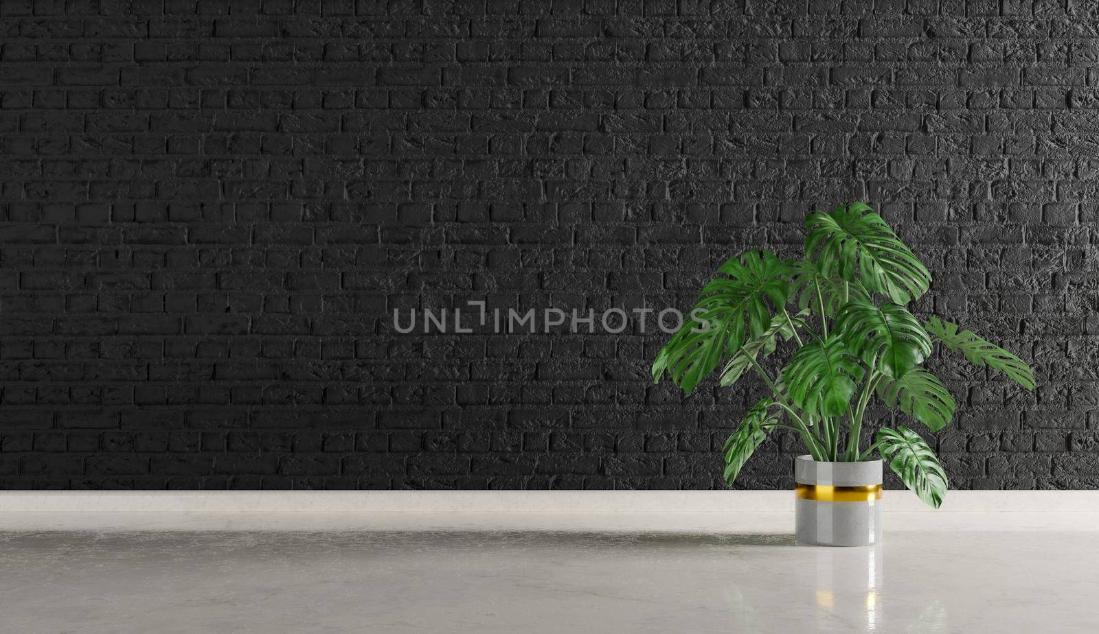 empty room with black brick wall and marble floor and a Monstera pot with copy space. 3d render