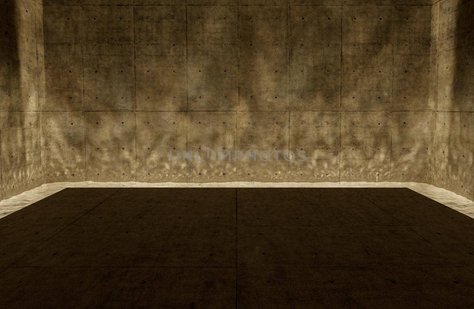 abstract empty concrete room with water on the edges and caustic on the walls. 3d render