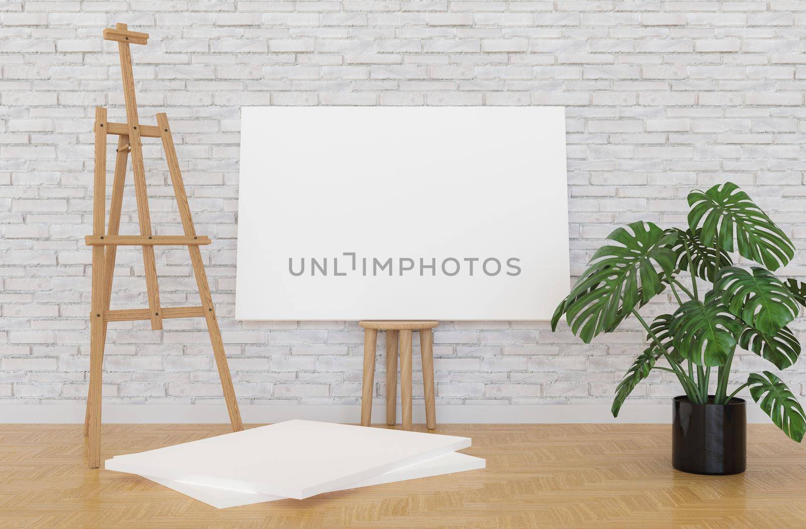 Large blank canvas on wooden stool and white brick wall with easel and potted Monstera next to it and canvases on the parquet floor. 3d render