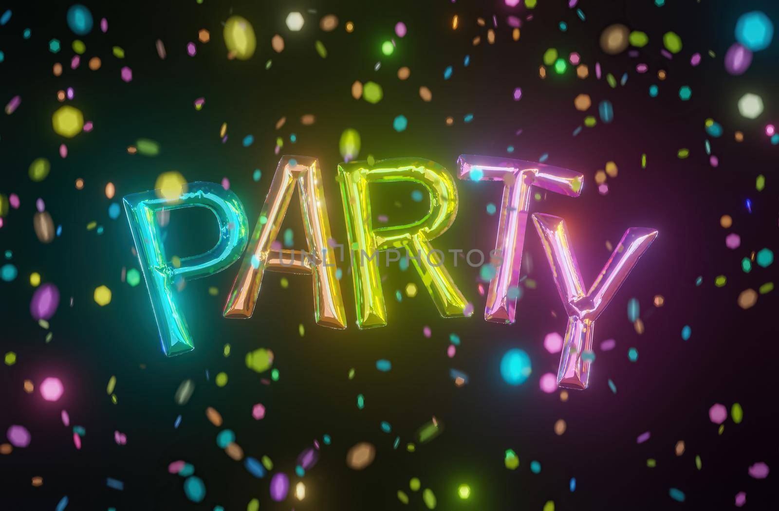 word PARTY with balloons and confetti falling in all colors. 3d render