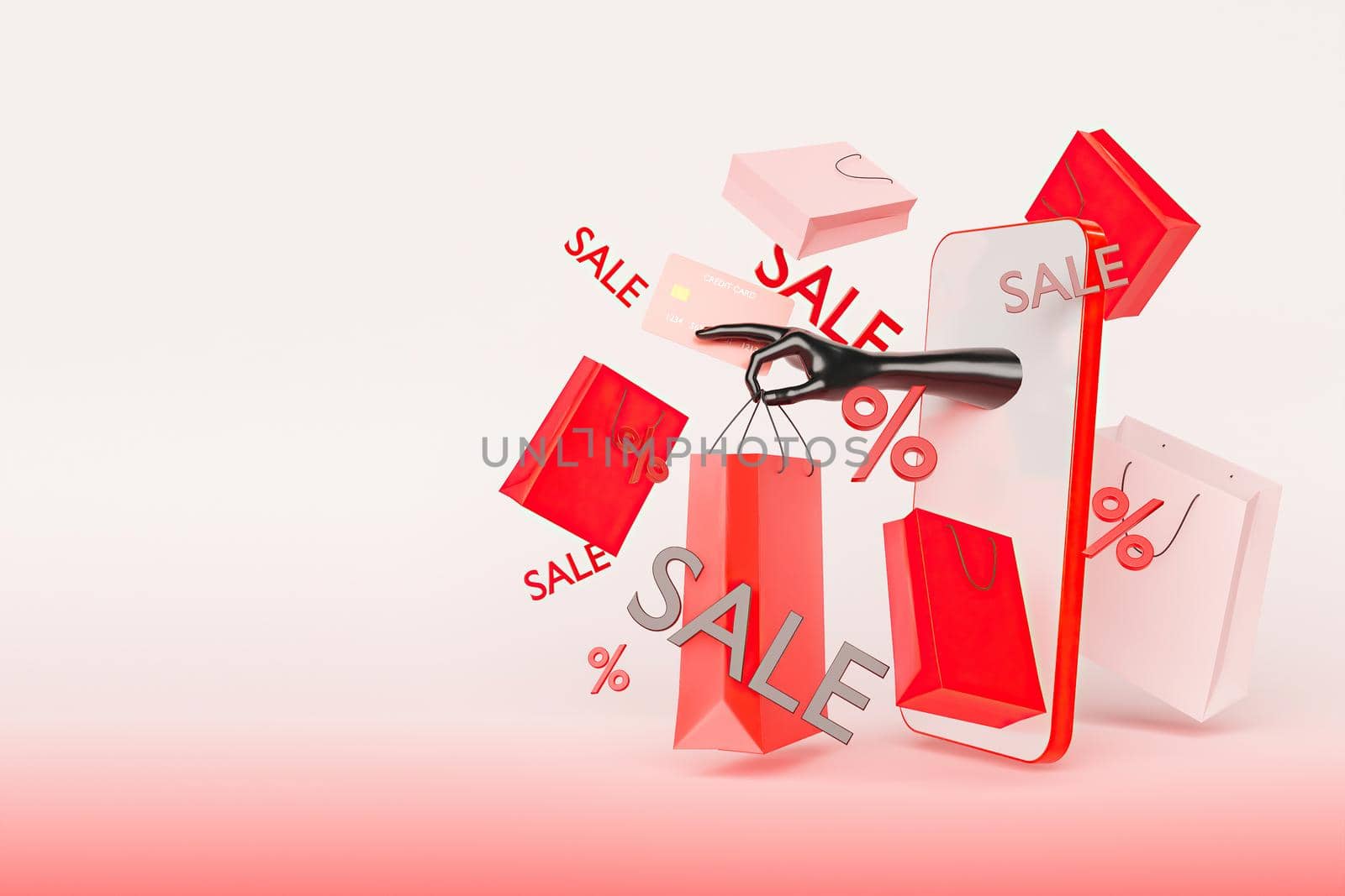 mobile phone with a hand holding a shopping bag. concept of commerce, discount, sales by asolano