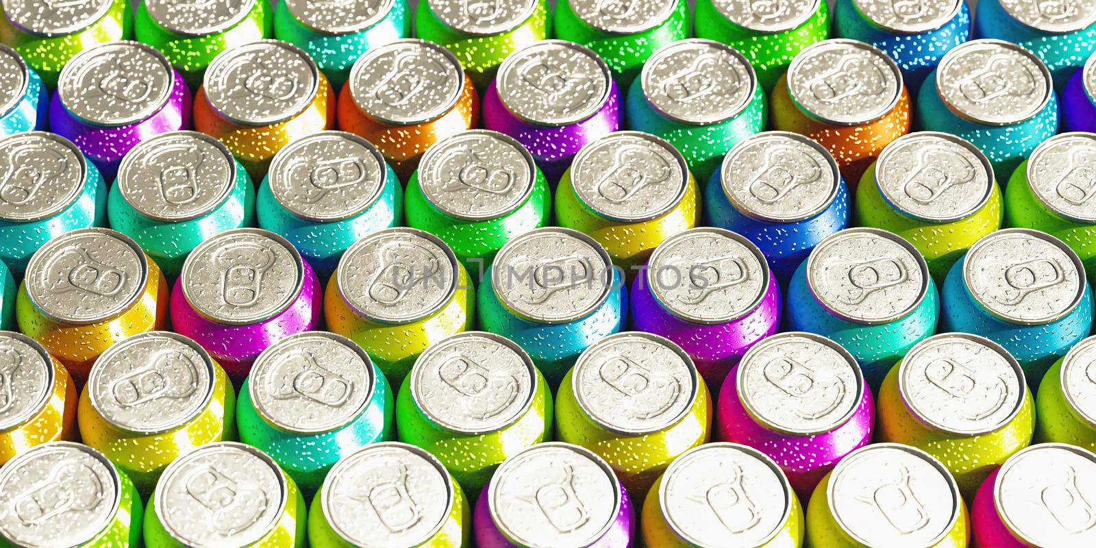 close-up of soda cans of all colors. top view. 3d render