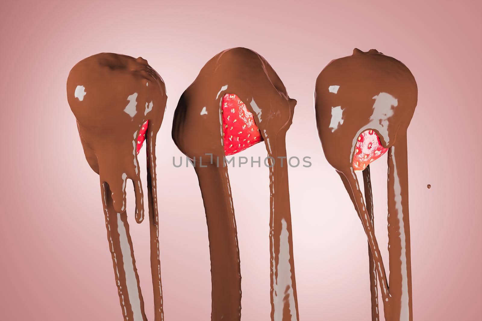 closeup of strawberries with chocolate falling on top. 3d render