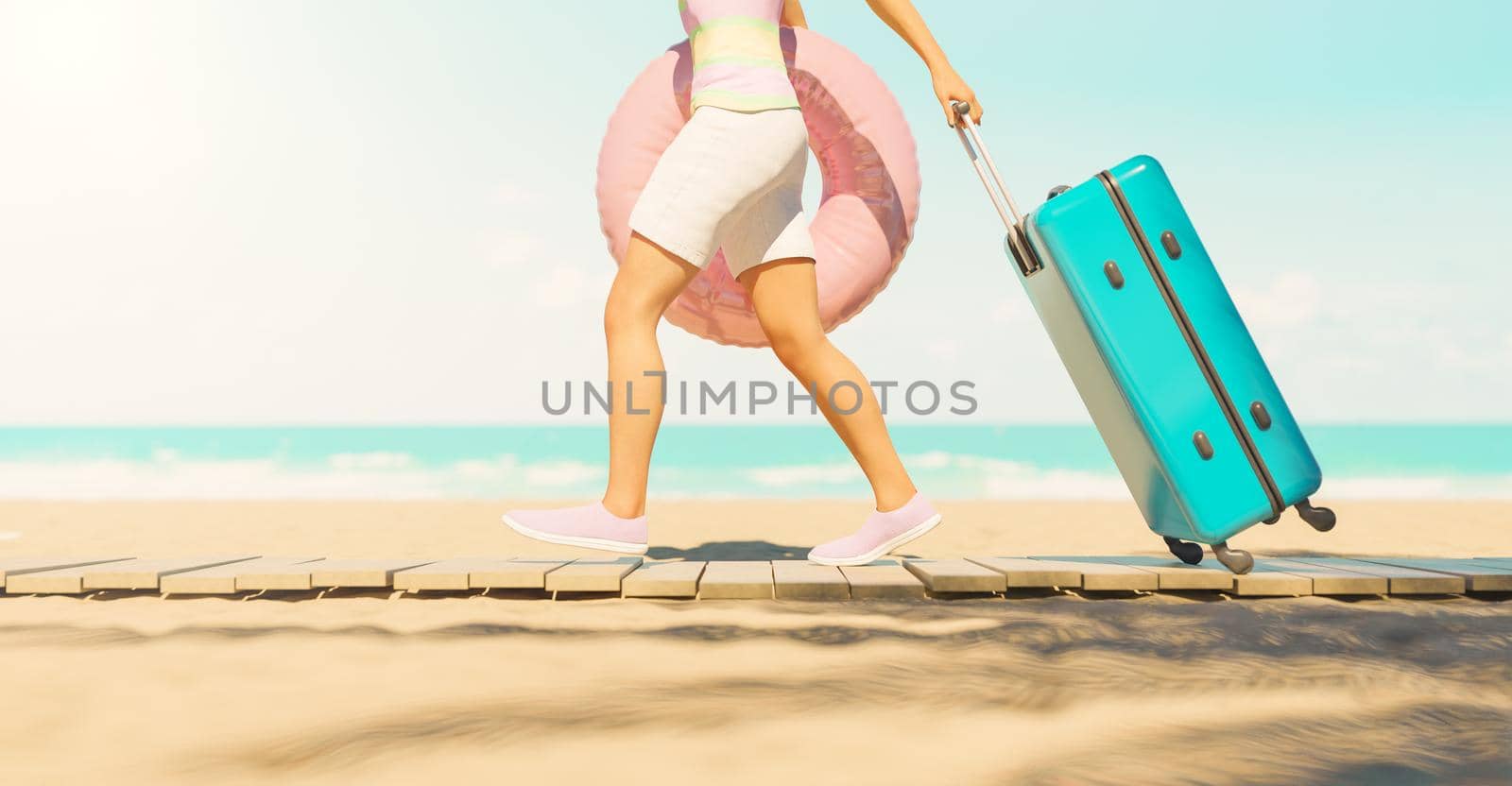 woman walking on wooden path on the beach with suitcase and float. summer background. vacation concept. 3d render