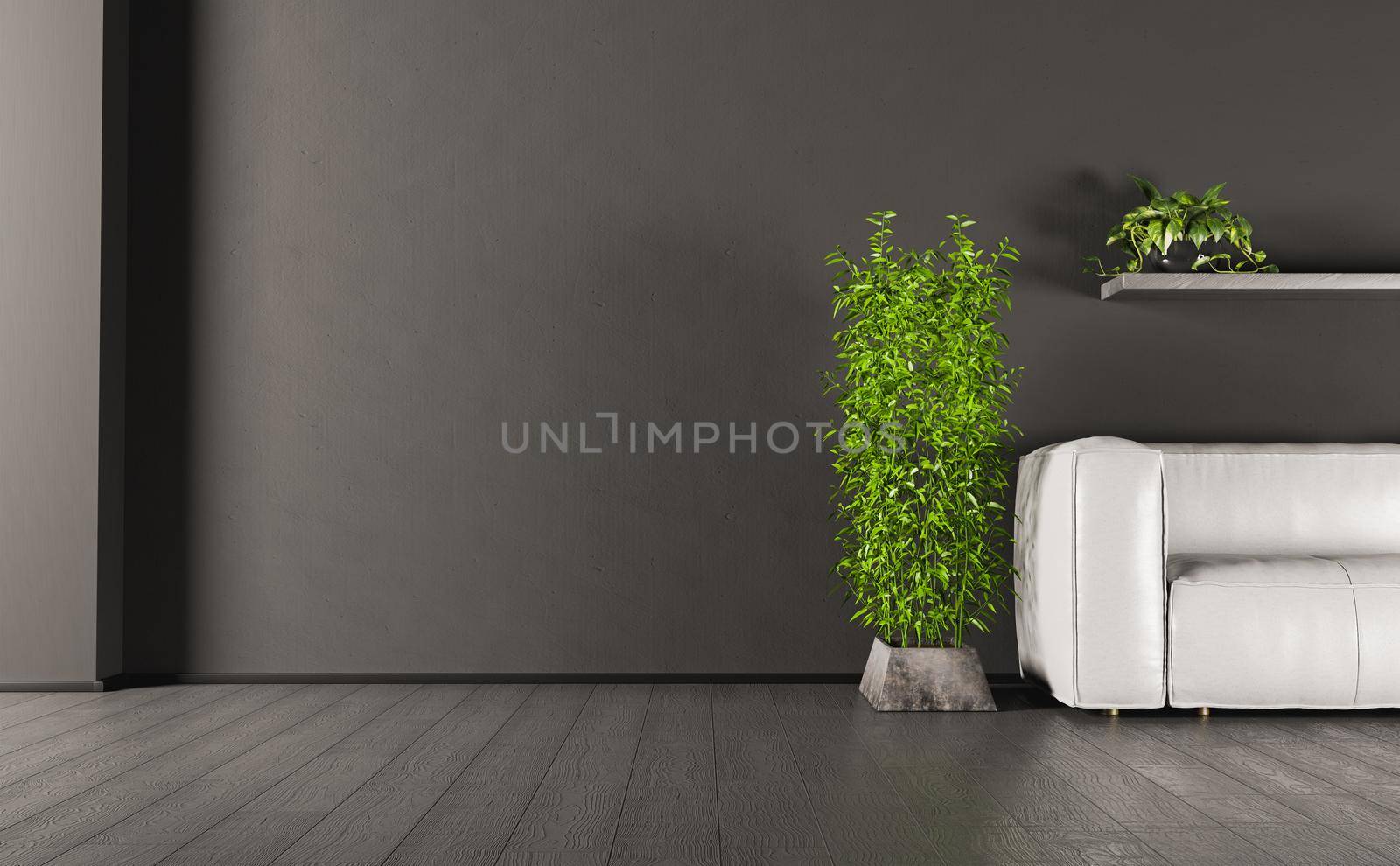 dark interior with empty living room wall with sofa and plants around. 3d render