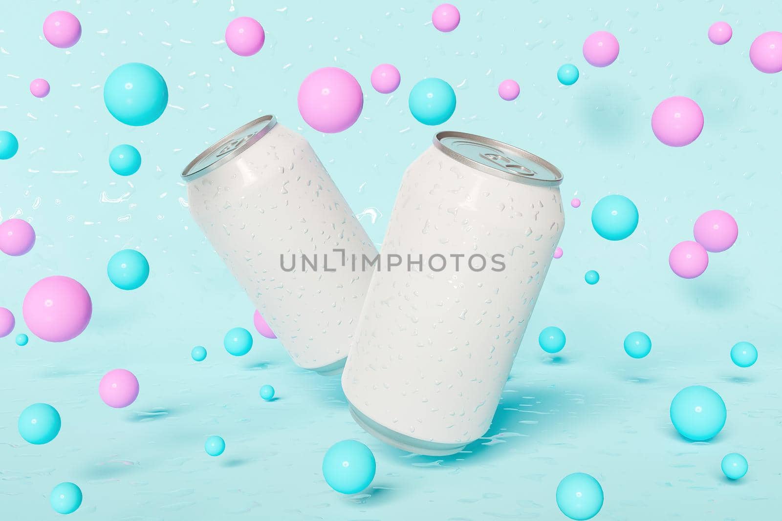mockup of cans with pastel colored spheres floating around. space for design. 3d render