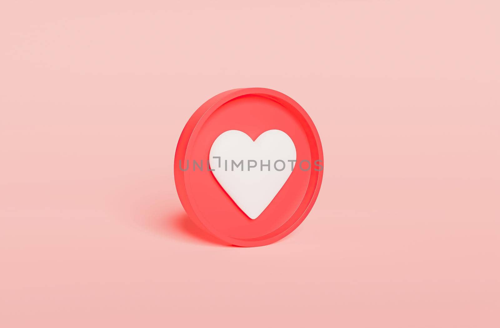 white heart icon on red circle with pastel background. 3d render