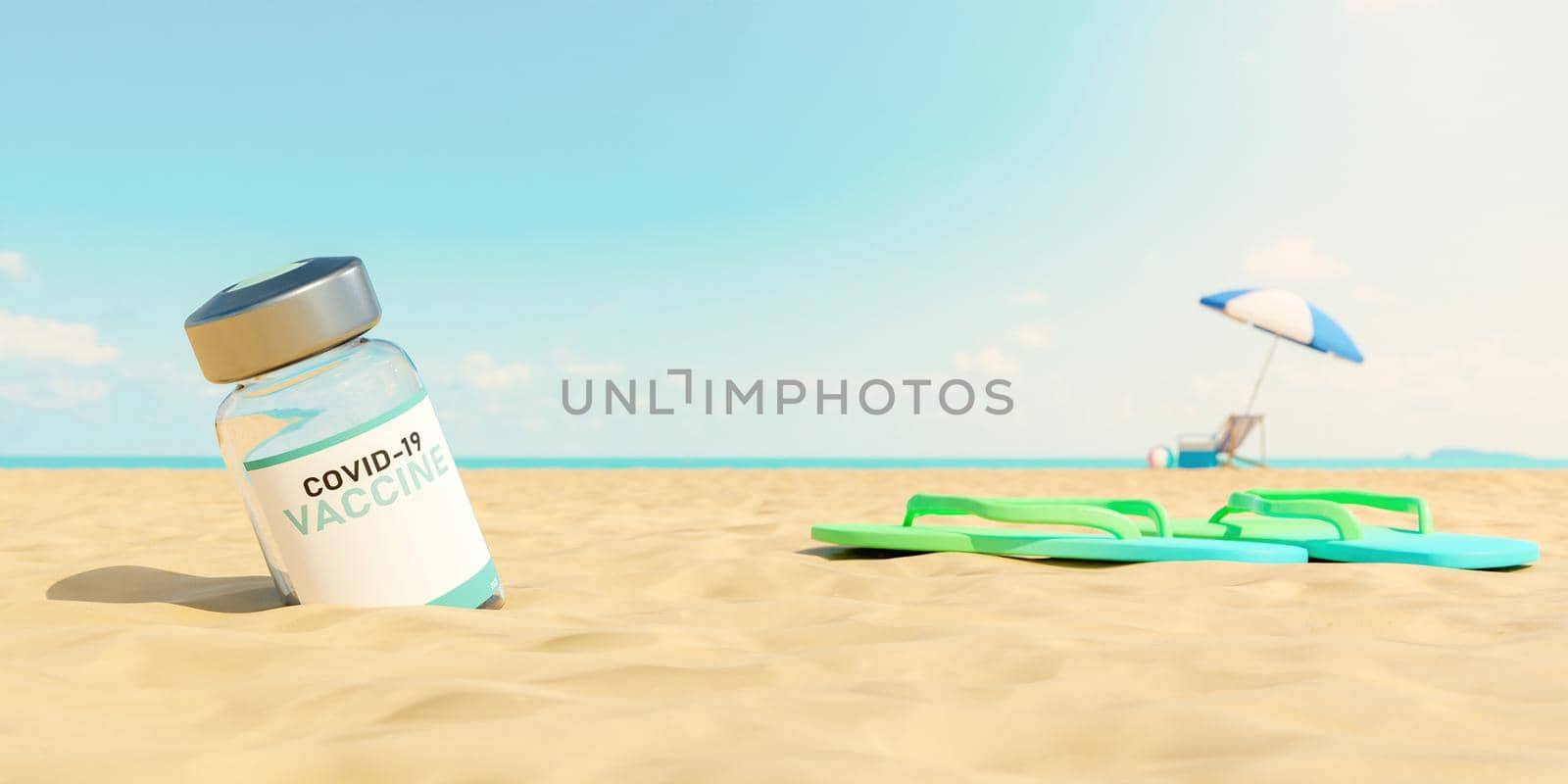 close-up of COVID-19 vaccine on beach sand with the sea in the background out of focus. summer background. 3d render