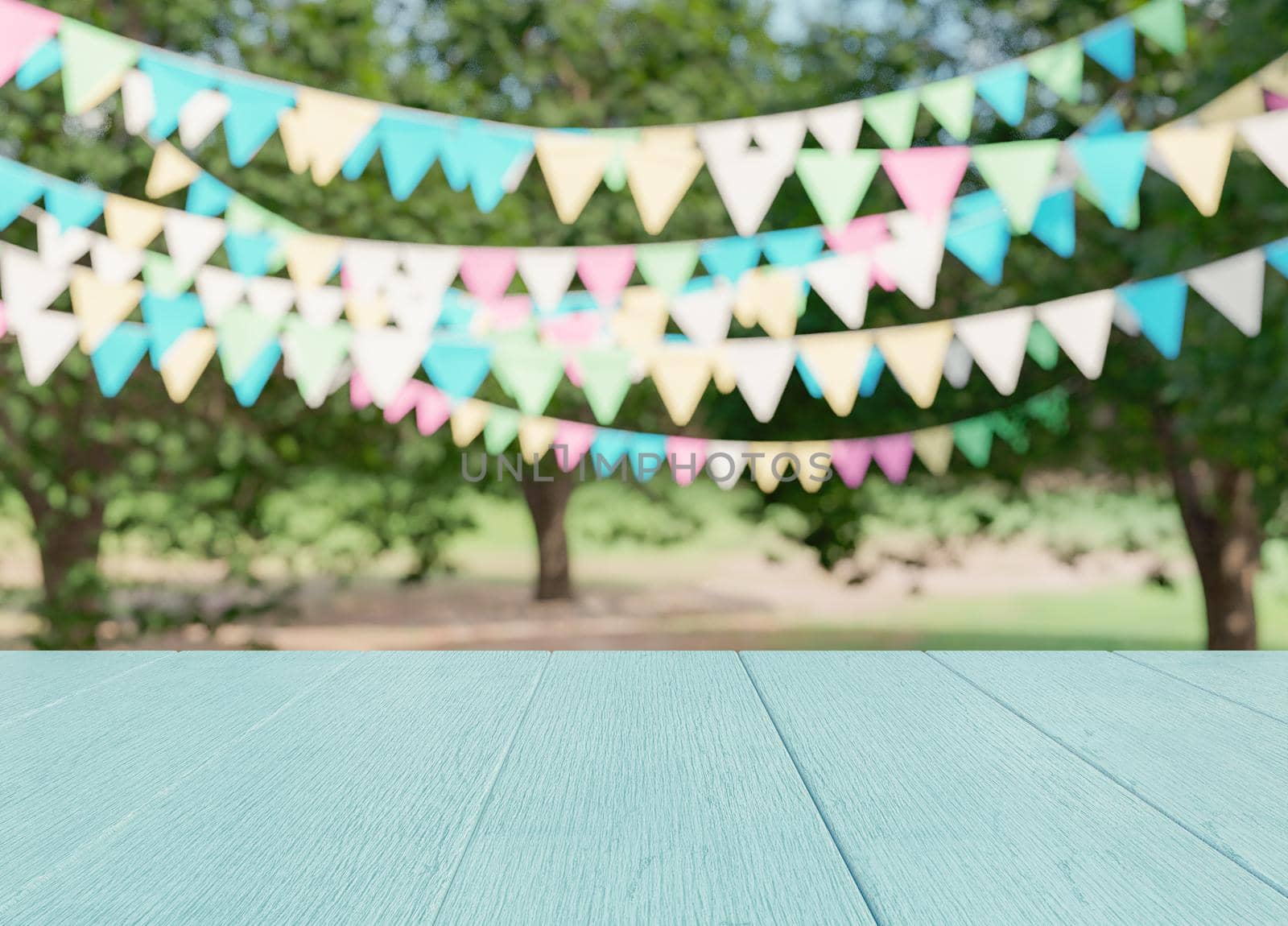 Empty wooden table with party in garden background blurred. 3d render