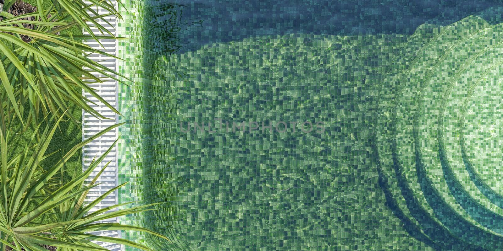 aerial view of green tiled swimming pool with round stairs and palm leaves on one side with space for text. summer background. 3d render