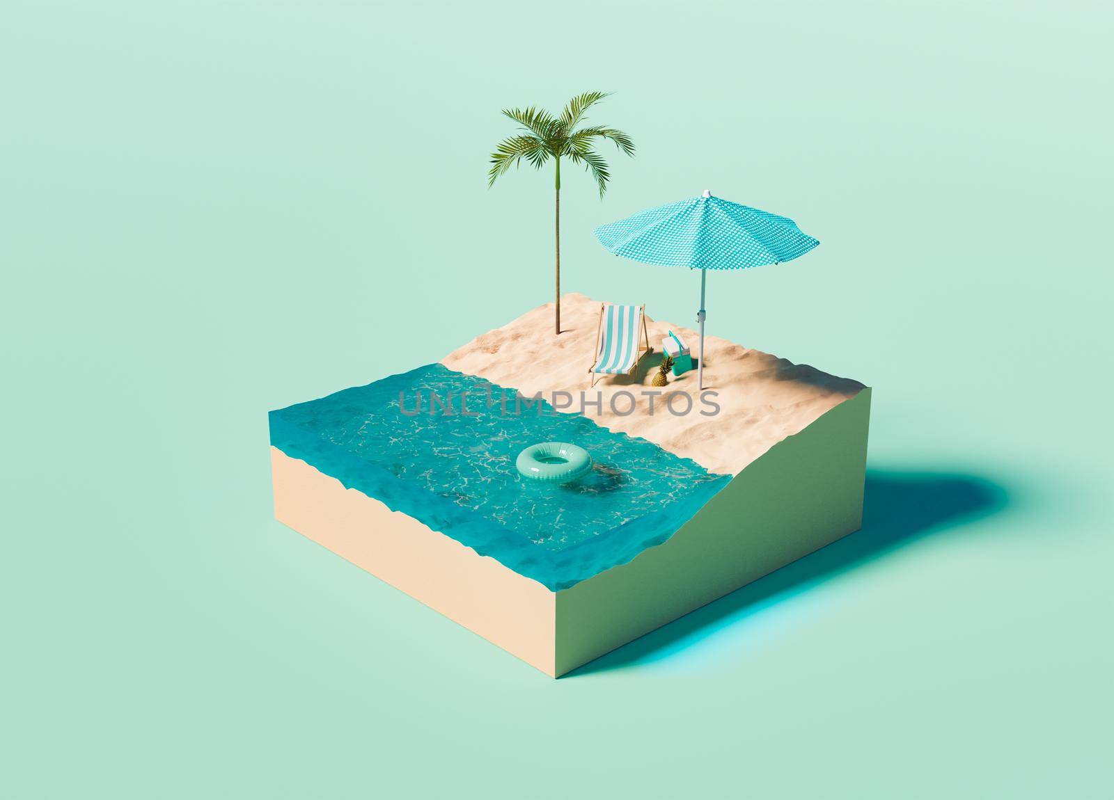 cube with isometric beach on turquoise background by asolano