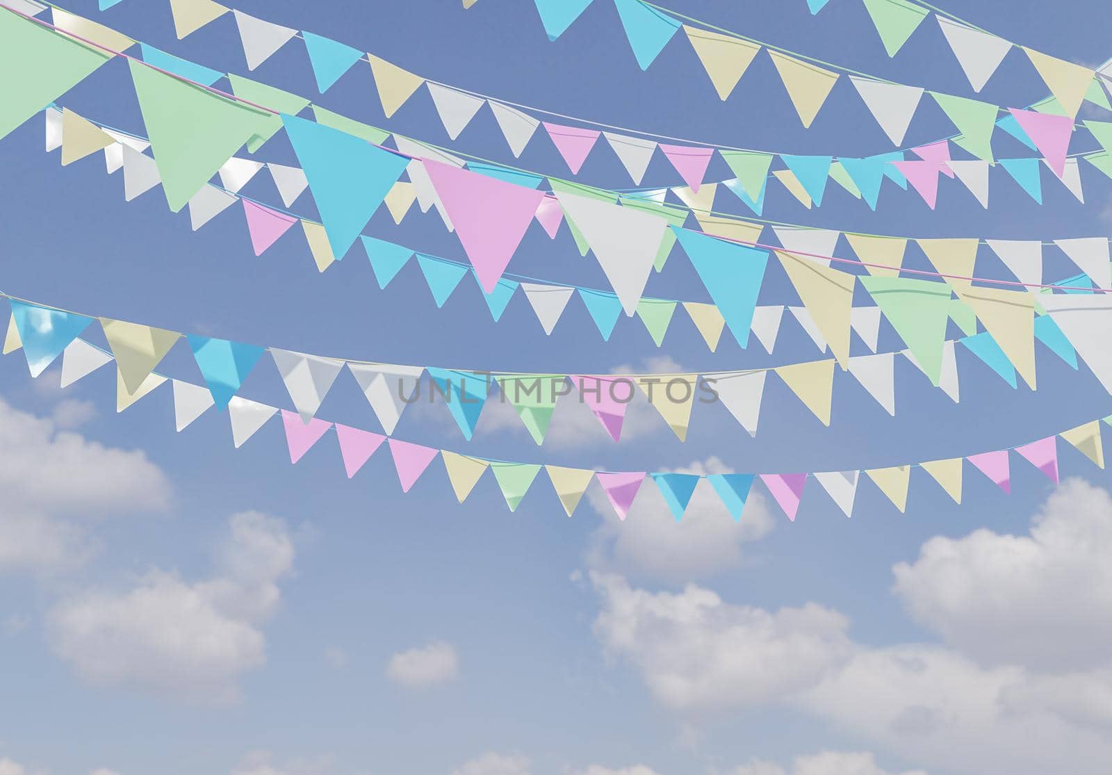 decorative celebration pennants with summer sky behind. 3d render