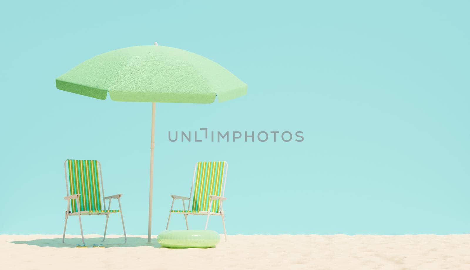 beach chairs with umbrella on sand and blue background wall. copy space. 3d render