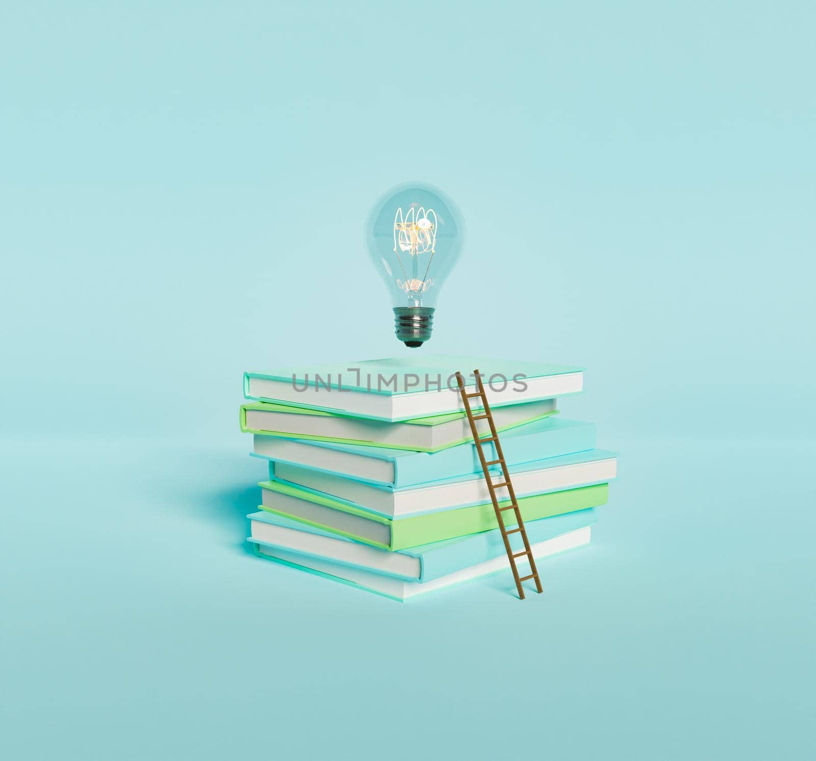 stack of pastel colored books with wooden ladder and illuminated light bulb on top of them. 3d render