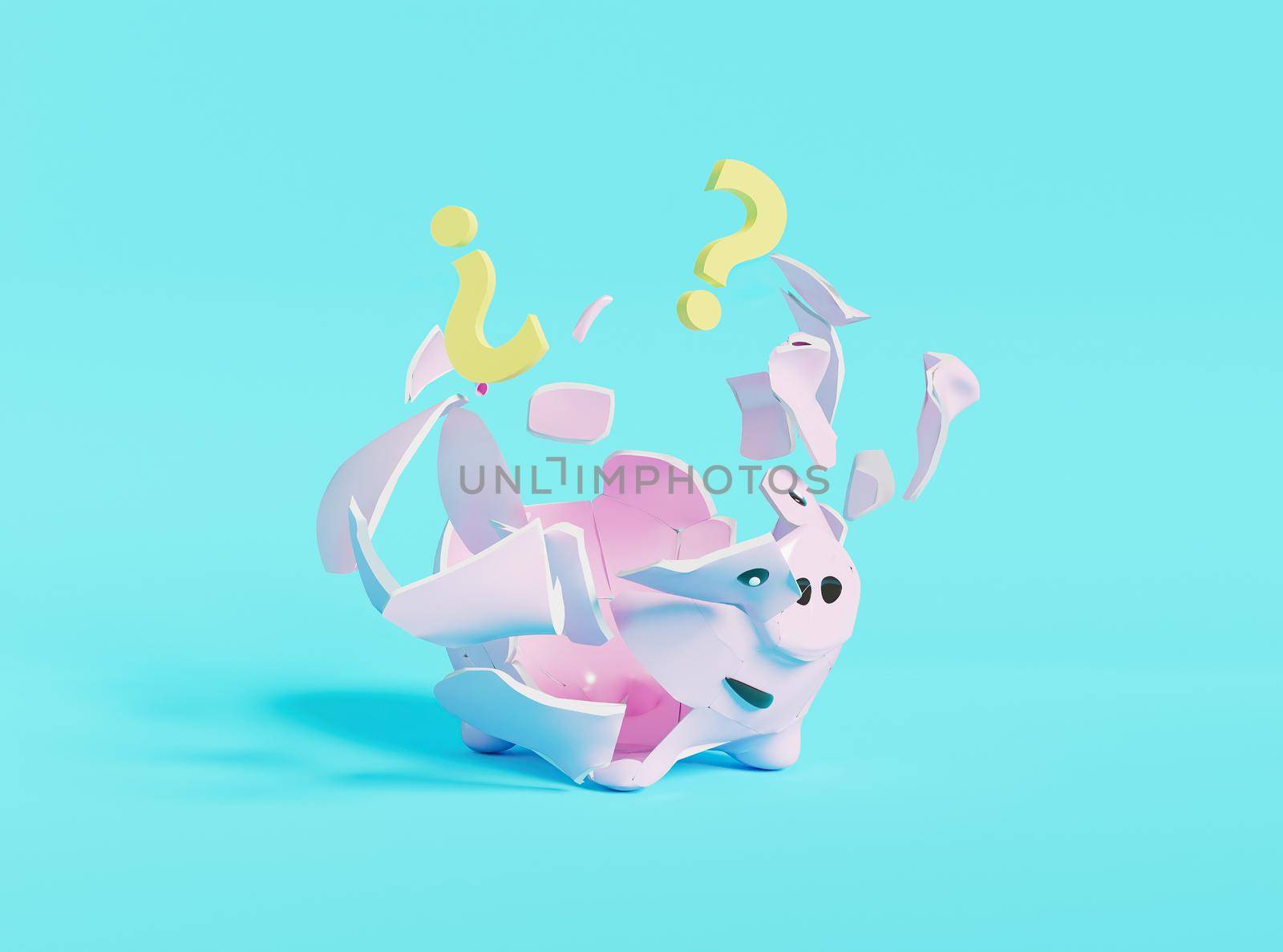 broken pink piggy bank with pieces flying around and question marks coming out of it. where is my money. concept of savings and economics. 3d render