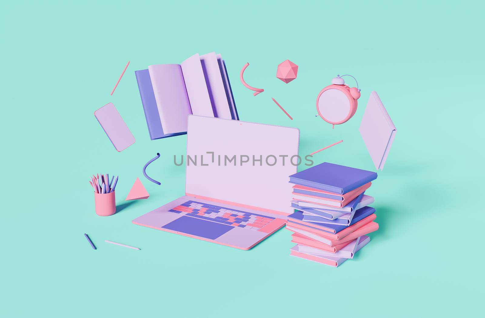 minimalistic scene of laptop orderly with books and geometrical shapes around with pastel color. concept of studio, work. 3d render