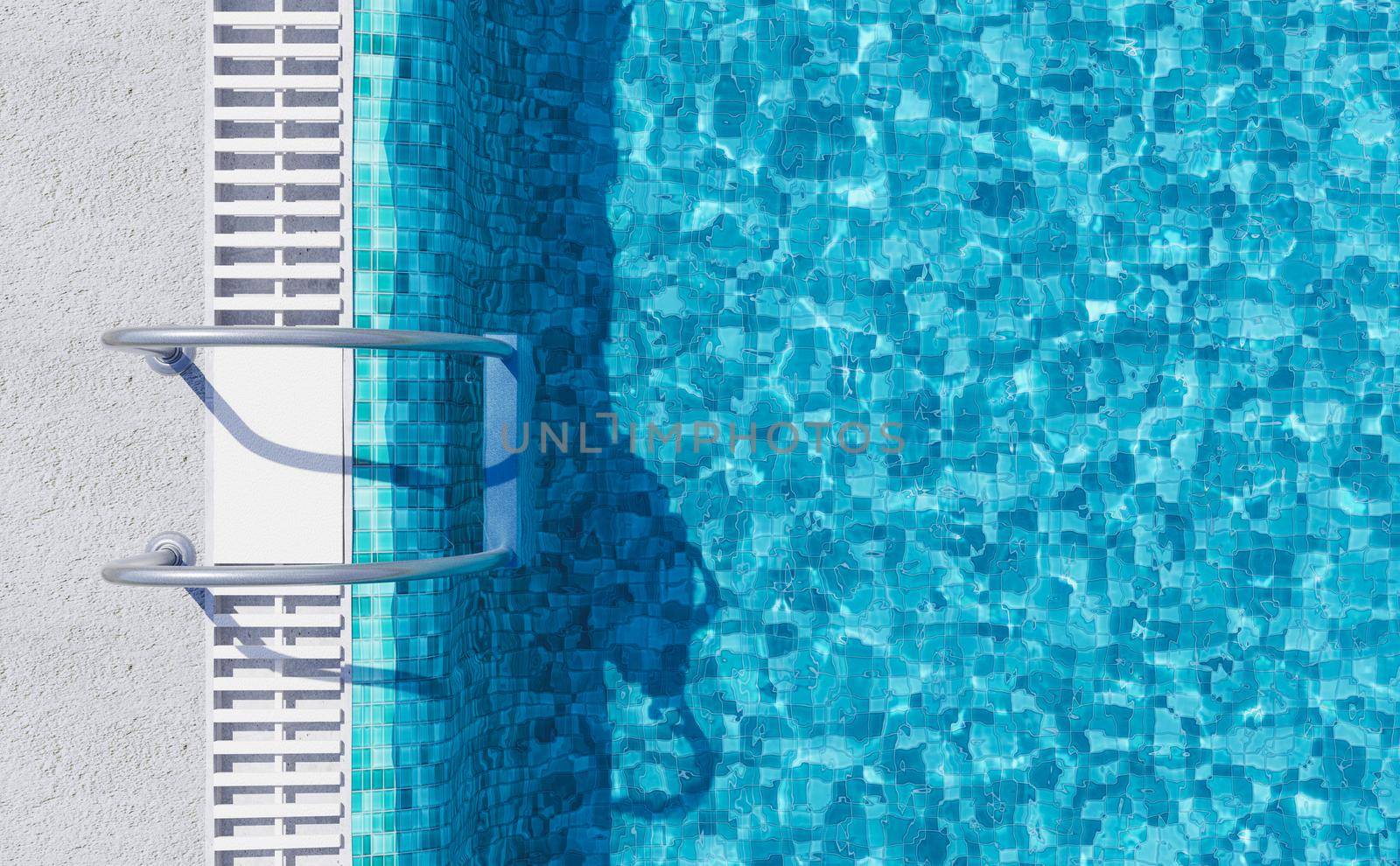 top view of a swimming pool with metal ladders and skimmer curb on a sunny day. 3d render