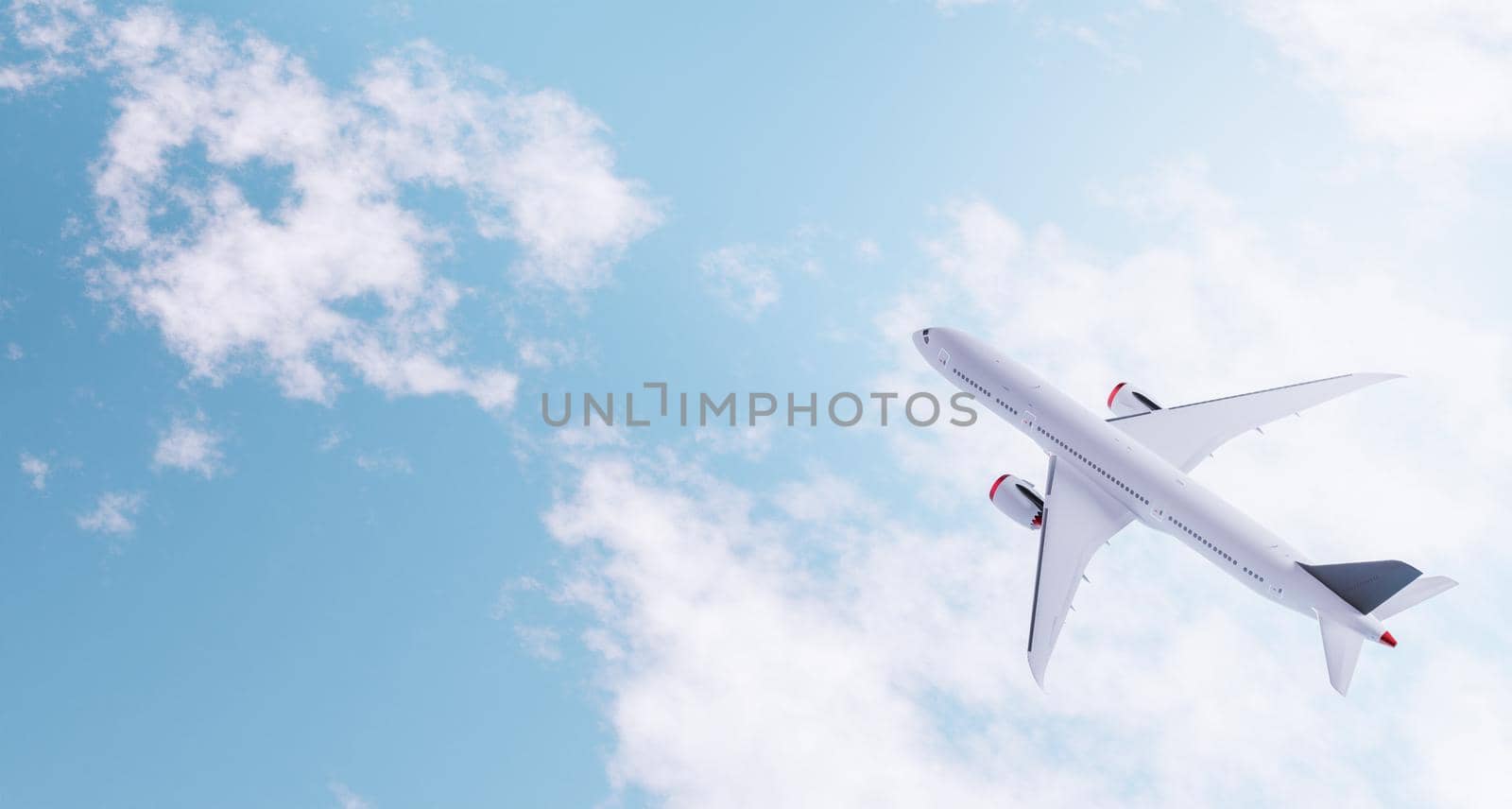 top view of a passenger plane above the clouds with space for text. vacation and travel concept. 3d render