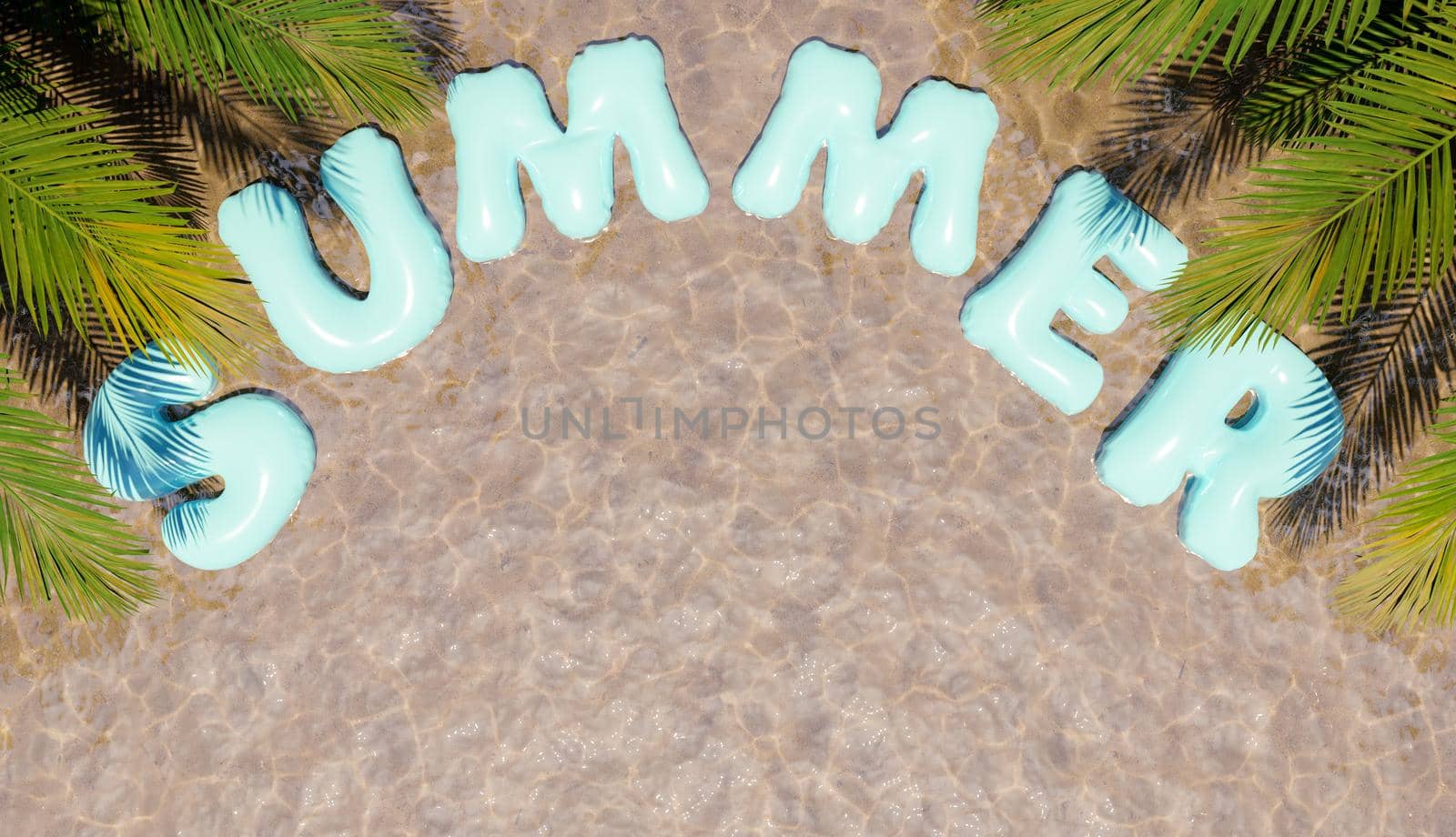 balloon sign with the word SUMMER over beach shore with palm trees on the sides. 3d render