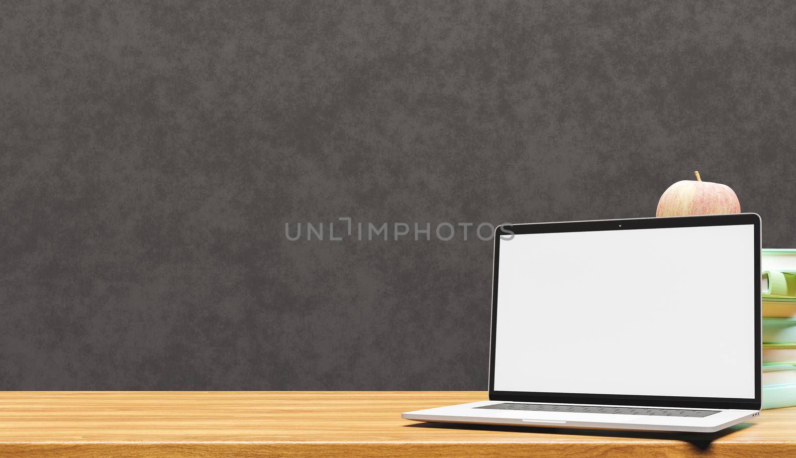 close up of school table with books and laptop mockup with blank screen and blackboard in the background. back to school. copy space. 3d render