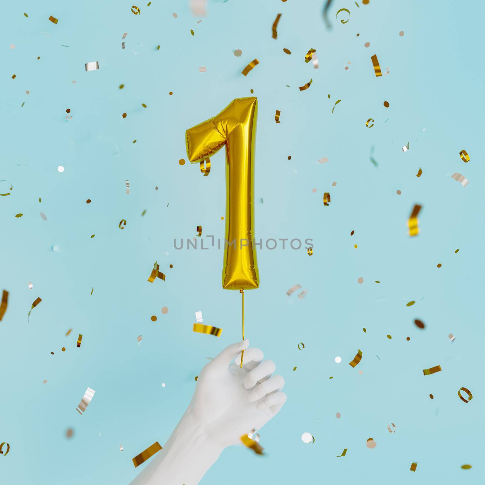 white hand holding a balloon with the number 1 and golden confetti falling down. birthday celebration. 3d render