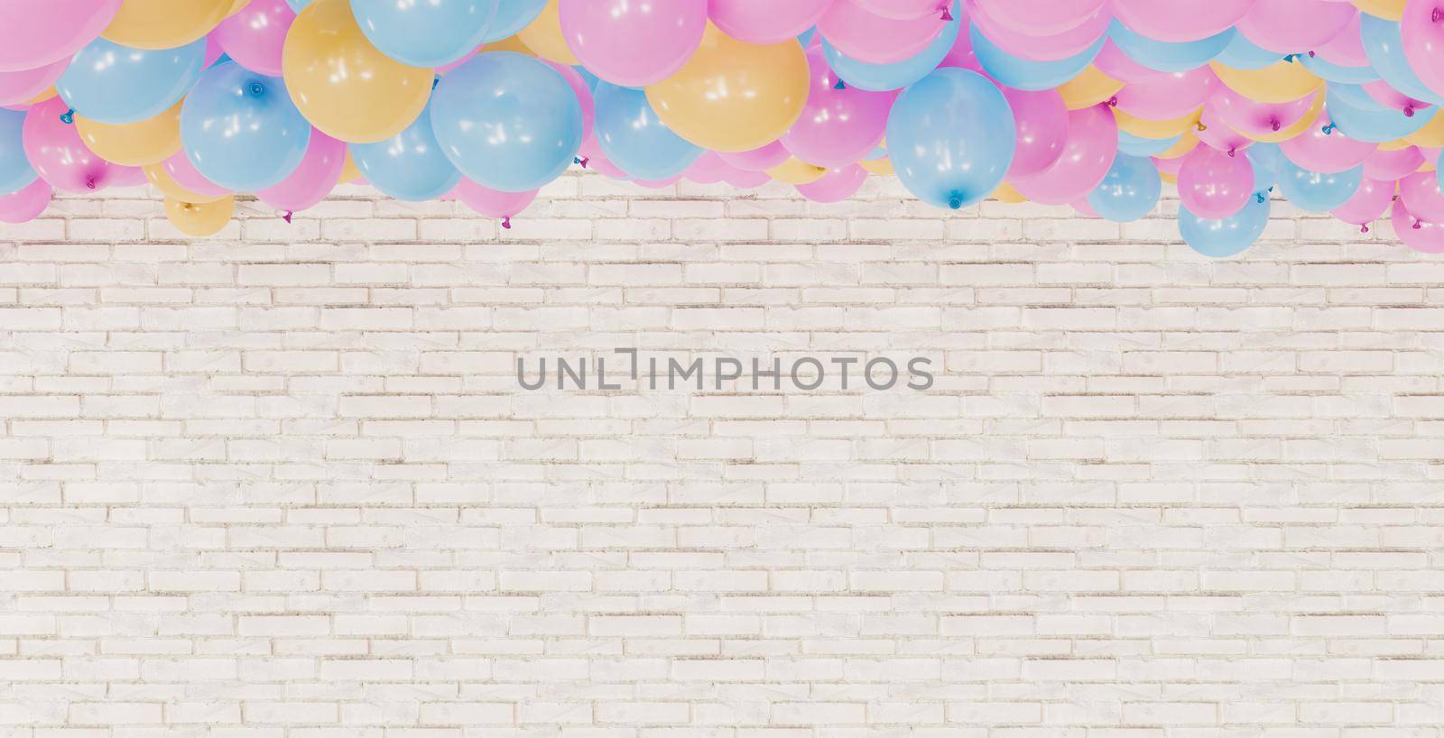 white brick wall with many colorful balloons stacked on top. greeting card. 3d render