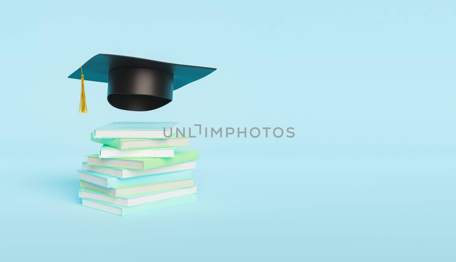 stack of books with graduation hat floating on top with pastel colors and space for text. education concept. 3d render