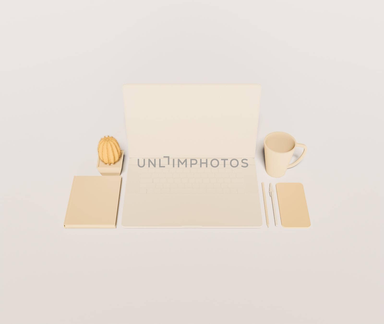 minimalist workstation scene with laptop, pens and coffee cup. beige color. 3d render