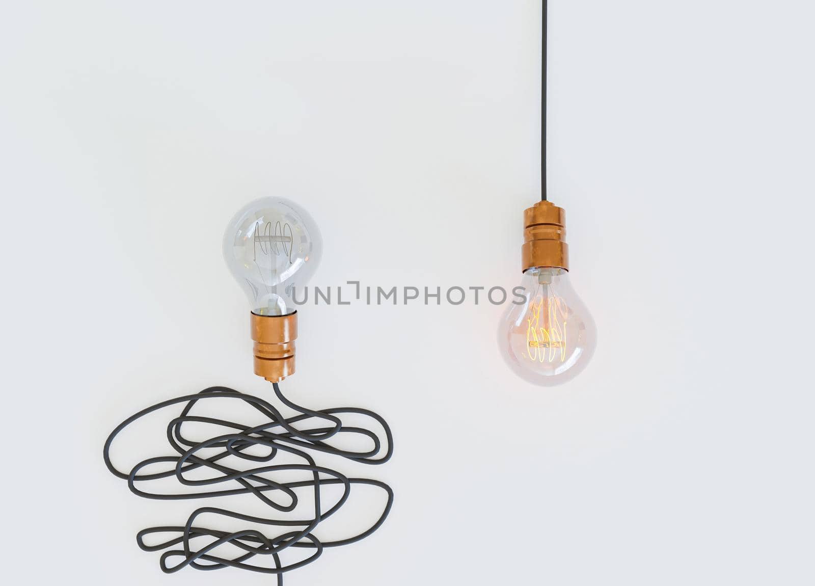 light bulb with tangled wire off and one with single wire on. simple is better. easy way. concepts. 3d render