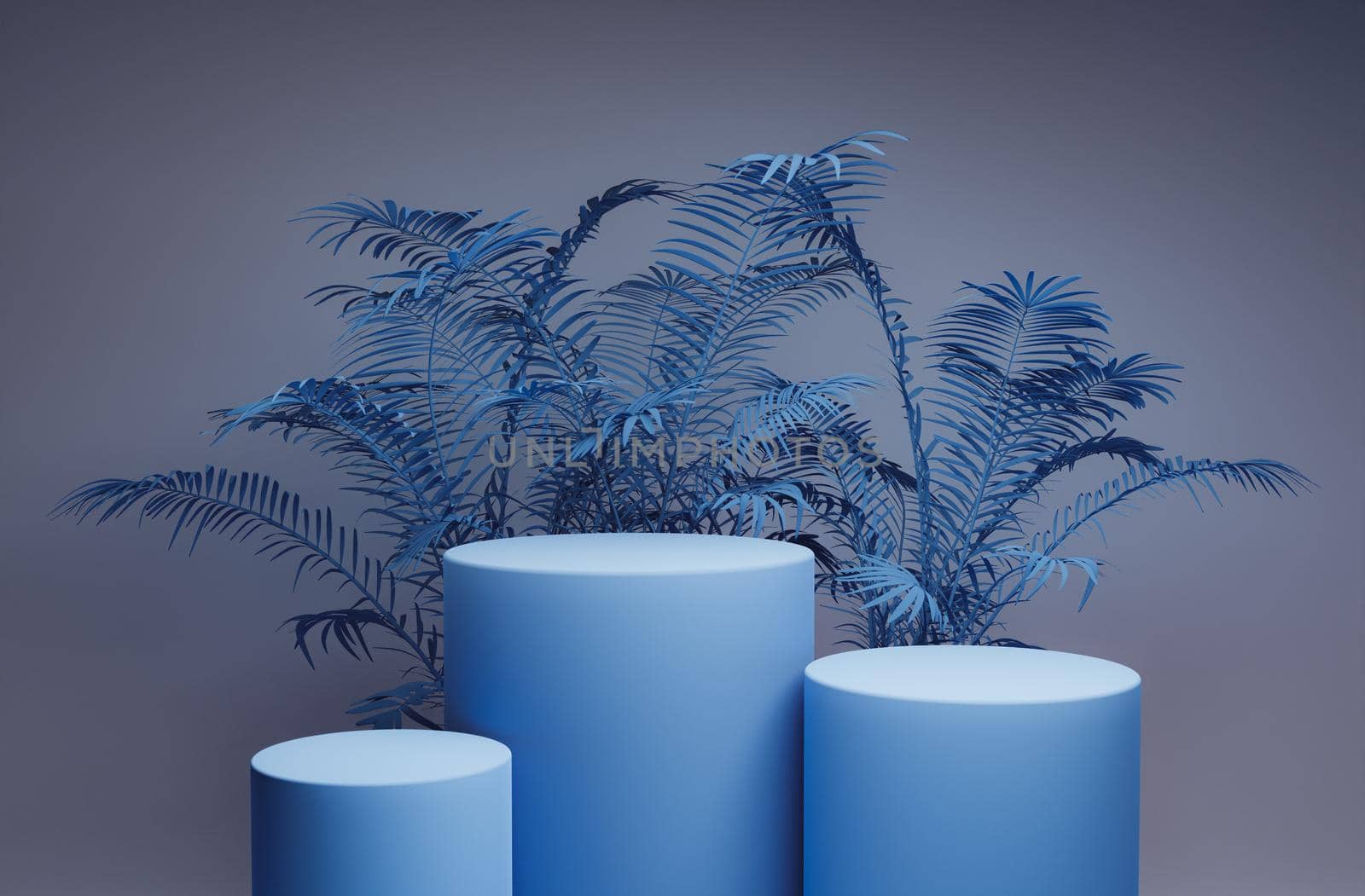 cylindrical podium for product display with plants behind. monochromatic blue scene. 3d render