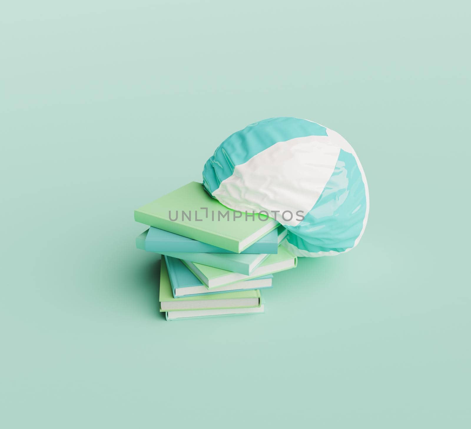 deflated beach ball on a pile of books. minimal scene. concept of end of summer, back to school. 3d render