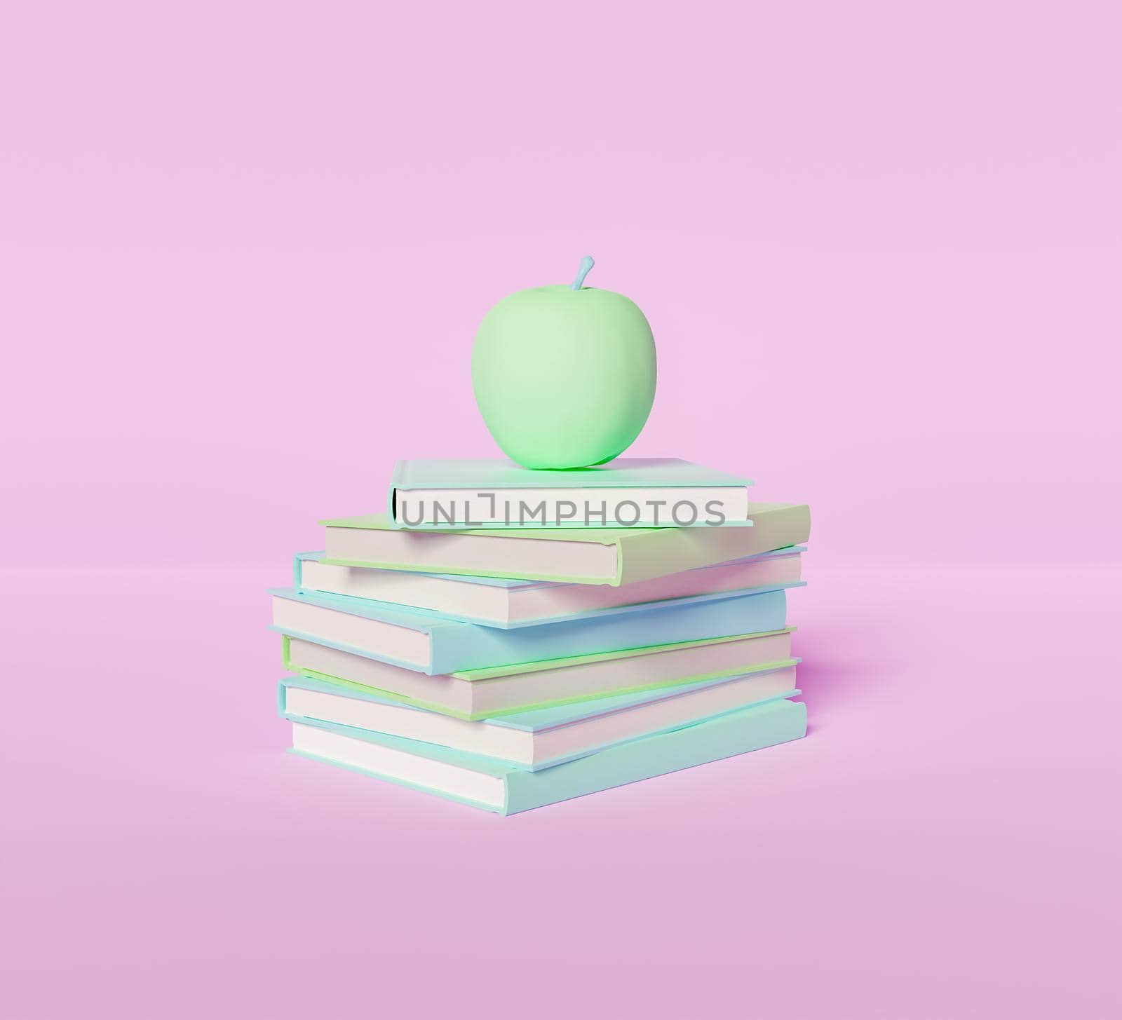 pastel colored stack of books with apple on top. minimalistic pastel colored scene. 3d render