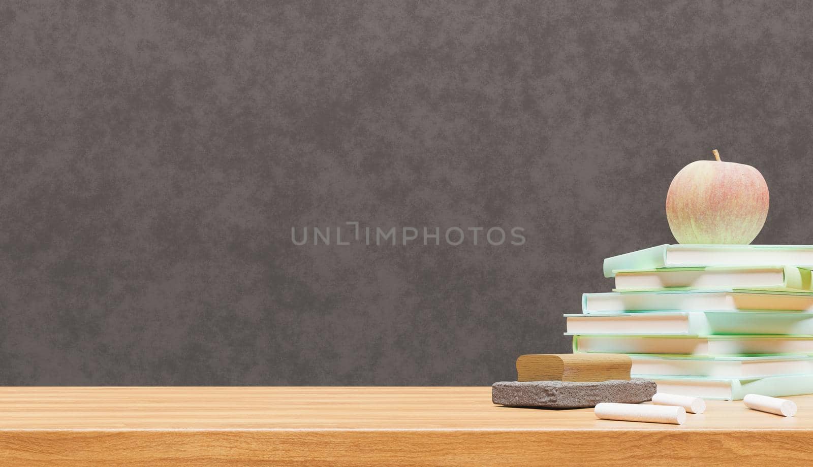 close-up of school table with books and chalk and blackboard in the background. back to school. copy space. 3d render