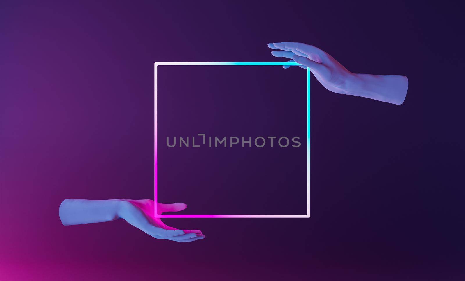frame for presentation of design or product held by hands in an abstract scene with neon lighting. 3d render