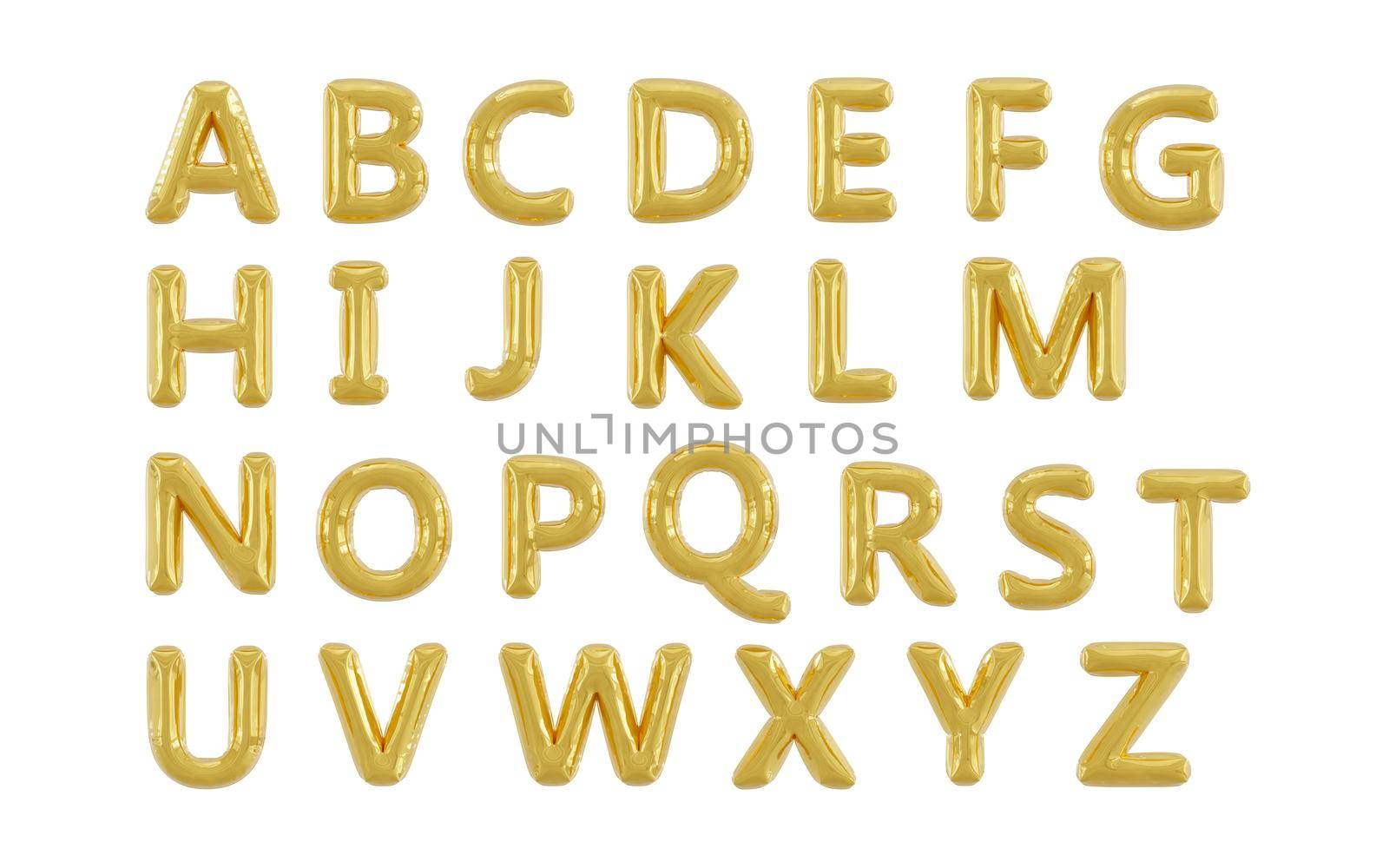 golden balloon letters isolated on white background. easy cutout. 3d render