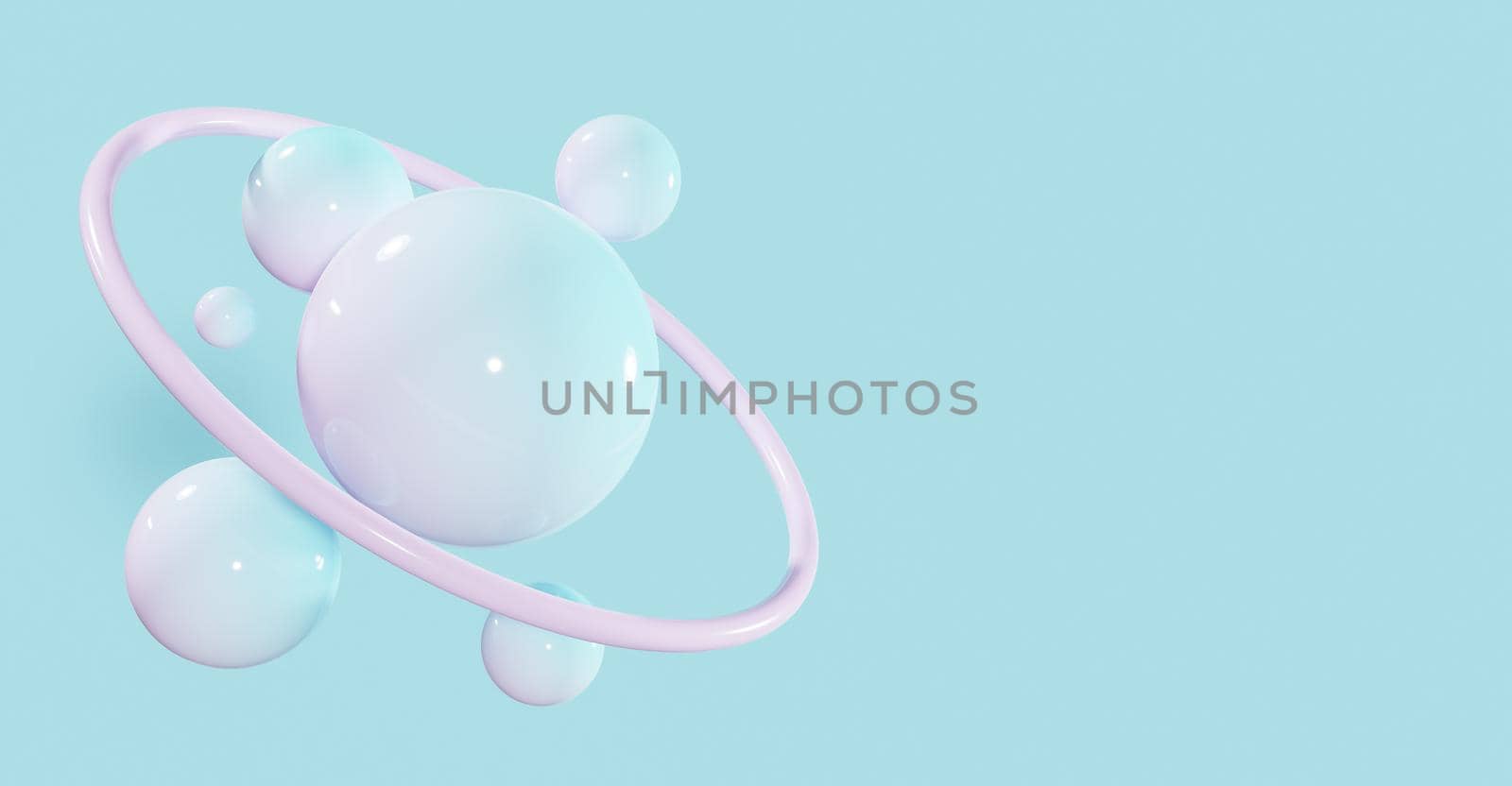 abstract background of spheres with blue and pink gradient pastel colors, pink ring around and blue background. space for text. 3d render