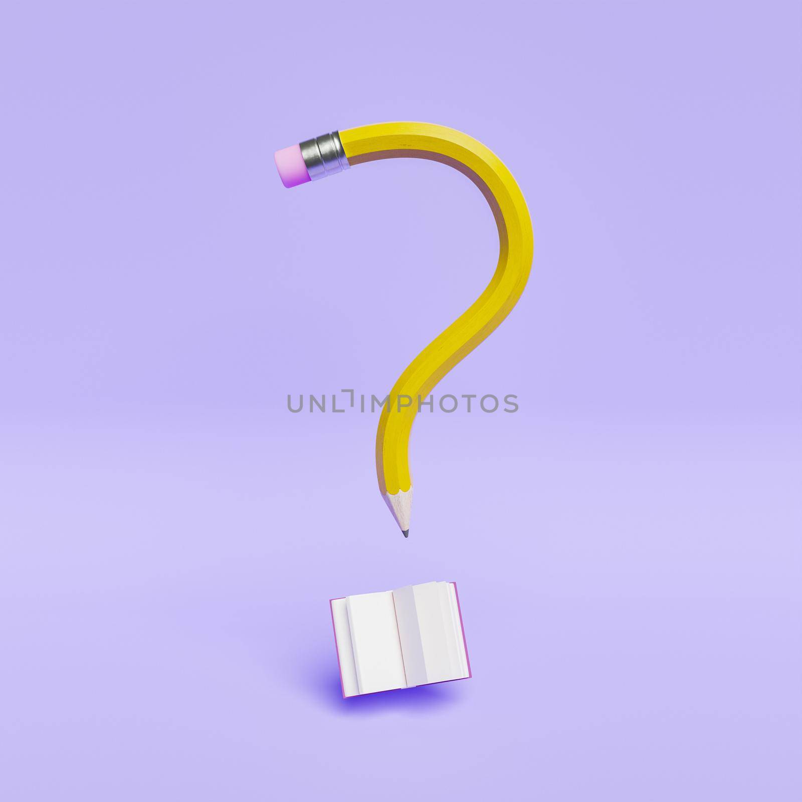 question mark pencil with open book on pastel purple background. minimal scene, concept of education, curiosity, ideas. 3d render