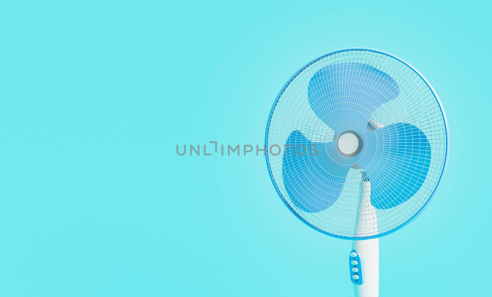 closeup of blue standing fan with space for text. 3d render