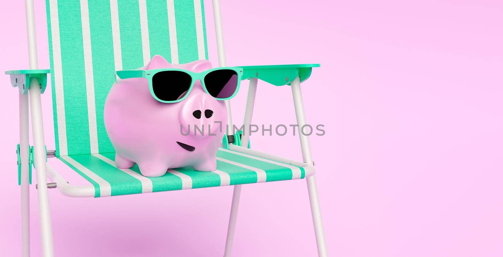 closeup of piggy bank with pink sunglasses on an outdoor chair. concept of summer, savings, economy. minimal scene. pastel color. 3d render