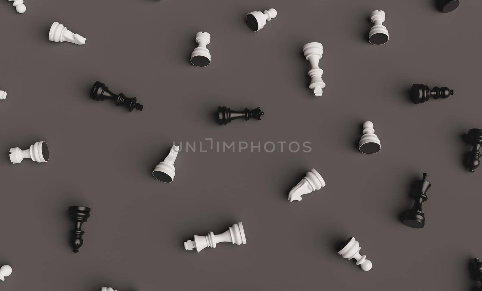 black and white chess pieces disordered on dark background. abstract pattern. 3d render