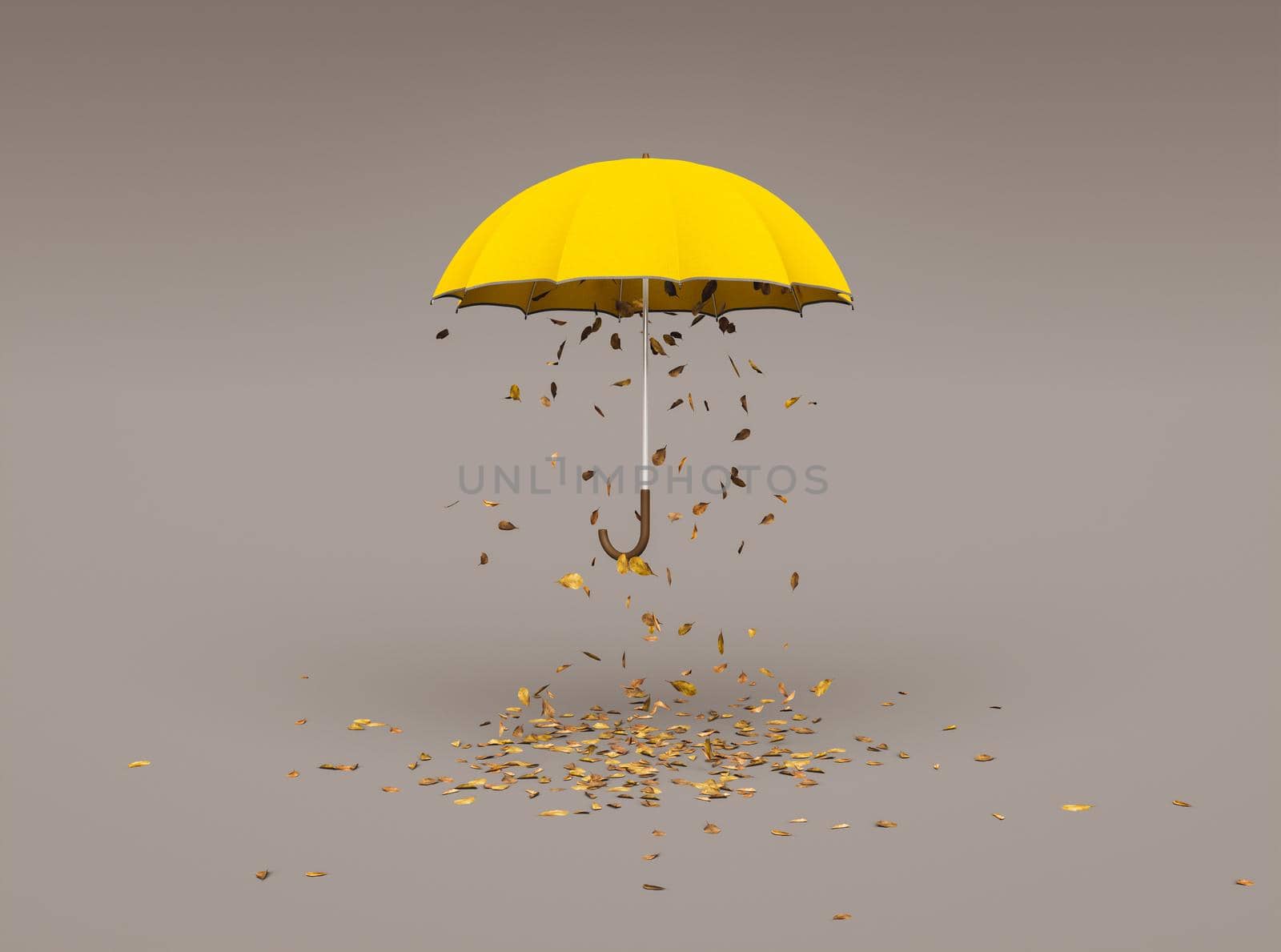 yellow umbrella with dry leaves falling from inside on grey background. concept of autumn, winter and back to school. 3d render