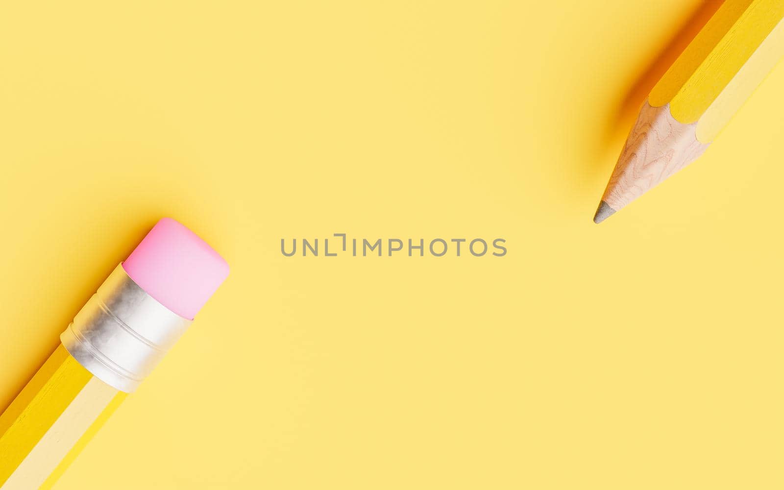 close-up of the tip of a pencil and eraser pointing to the center on a yellow background. 3d render