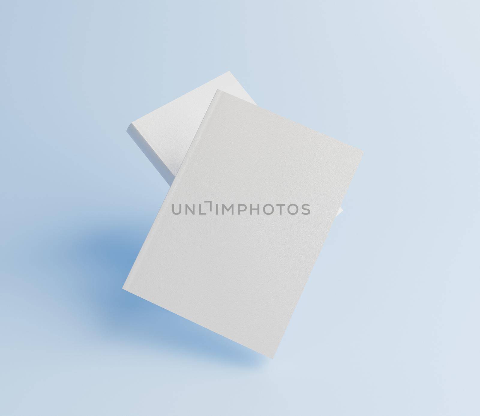 mockup suspended in the air of white books with rough texture on a light blue background. 3d render